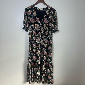 Boden Black Floral Print Midi Dress Puff Sleeve V Neck Ruffle Tiered